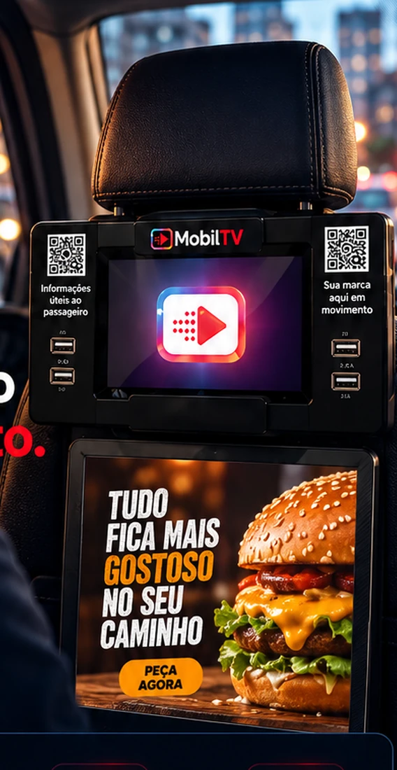 Totem MobilTV com painel publicitário instalado em um veículo