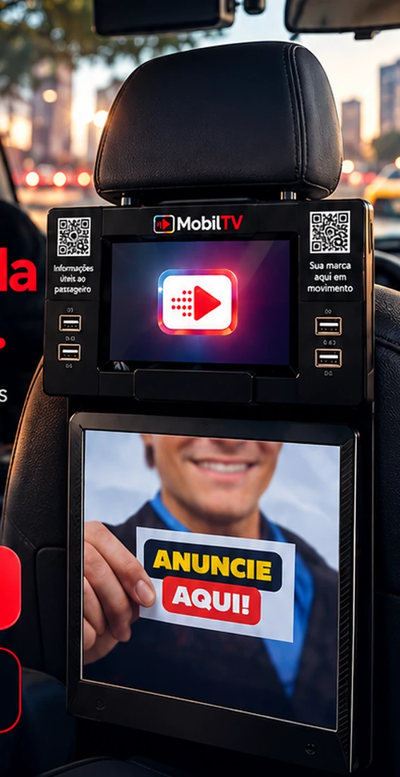 Totem MobilTV com painel publicitário instalado em um veículo