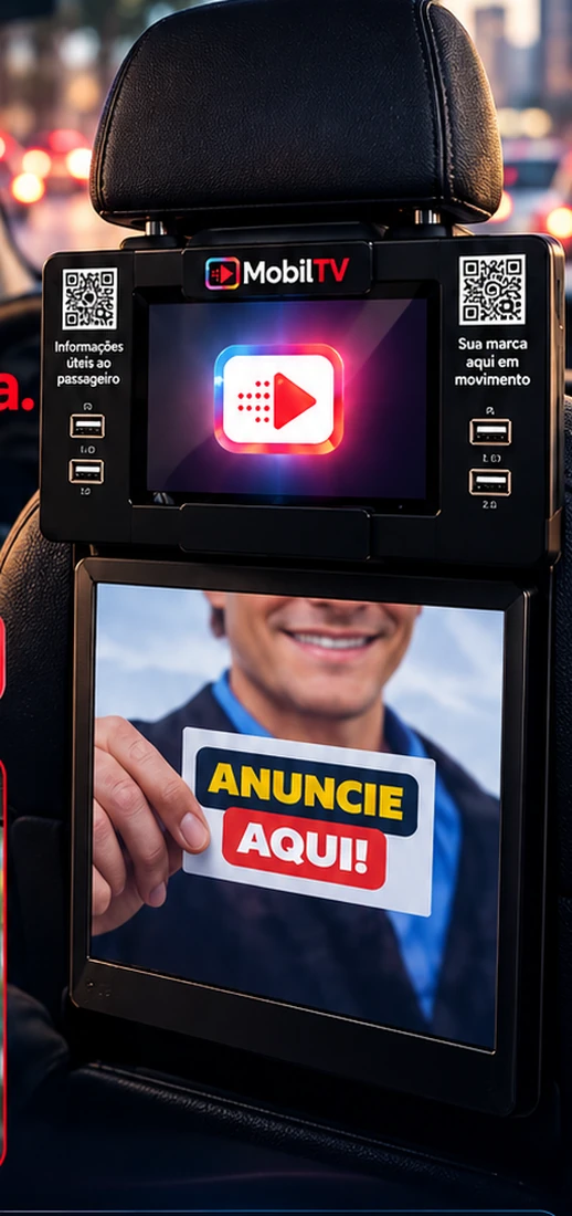 Totem MobilTV com painel publicitário instalado em um veículo