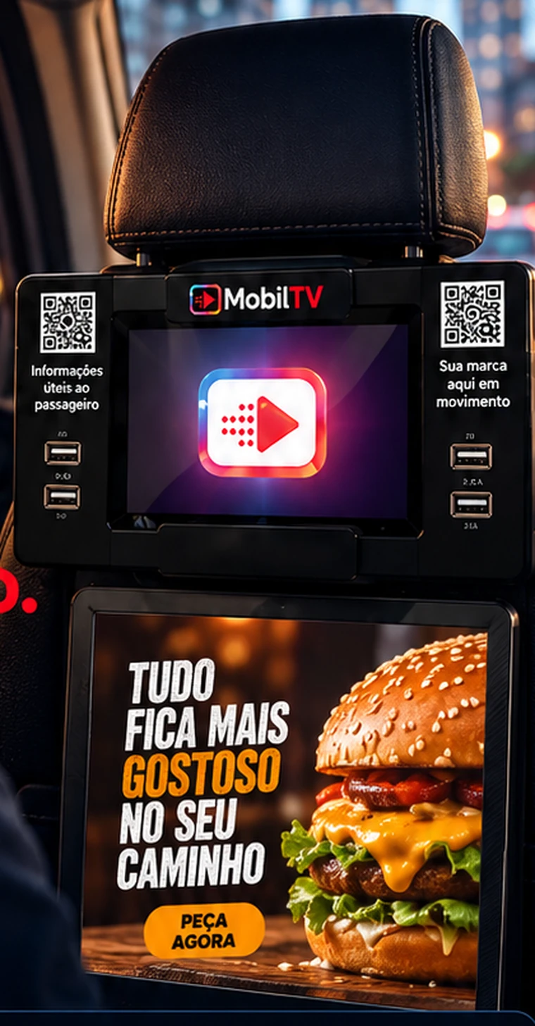 Totem MobilTV com tela superior e painel publicitário inferior